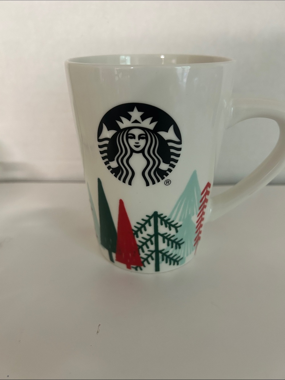 Starbucks White Ceramic Mug with Red and Green Tree Accents